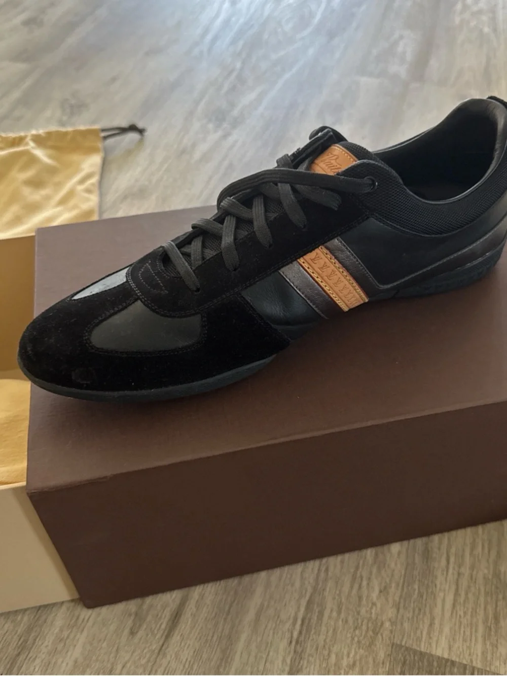Louis Vuitton Black Leather Sneakers with Brown Accent Stripe ( With Box ✅ ) - Picture 2 of 6